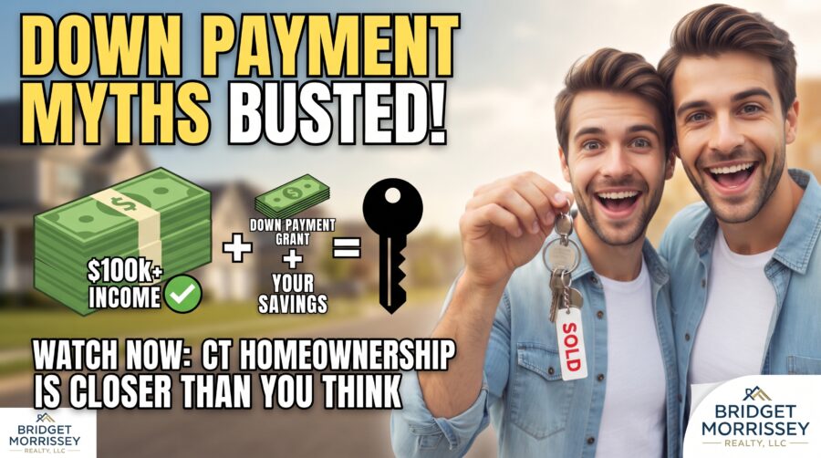 DOWN PAYMENT MYTHS BUSTED!" with graphics illustrating $100k+ income and down payment grants leading to home keys, alongside excited buyers holding a "SOLD" keychain.