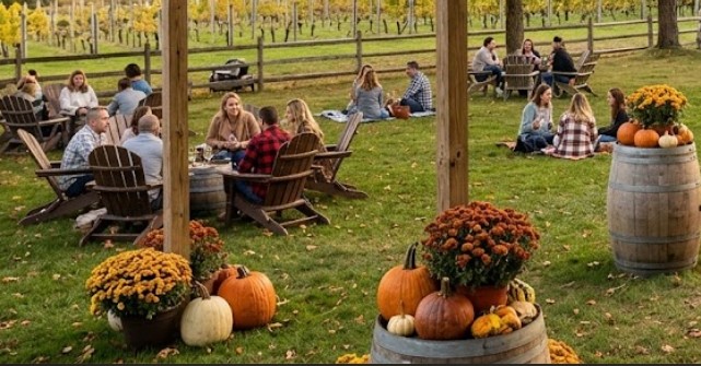A coastal vineyard lawn at golden hour in late October with guests relaxing at picnic tables and wooden wine barrels decorated with heirloom pumpkins and potted chrysanthemums, shaded by vibrant autumn trees strung with warm glowing lights overlooking a vineyard and distant tidal inlet.